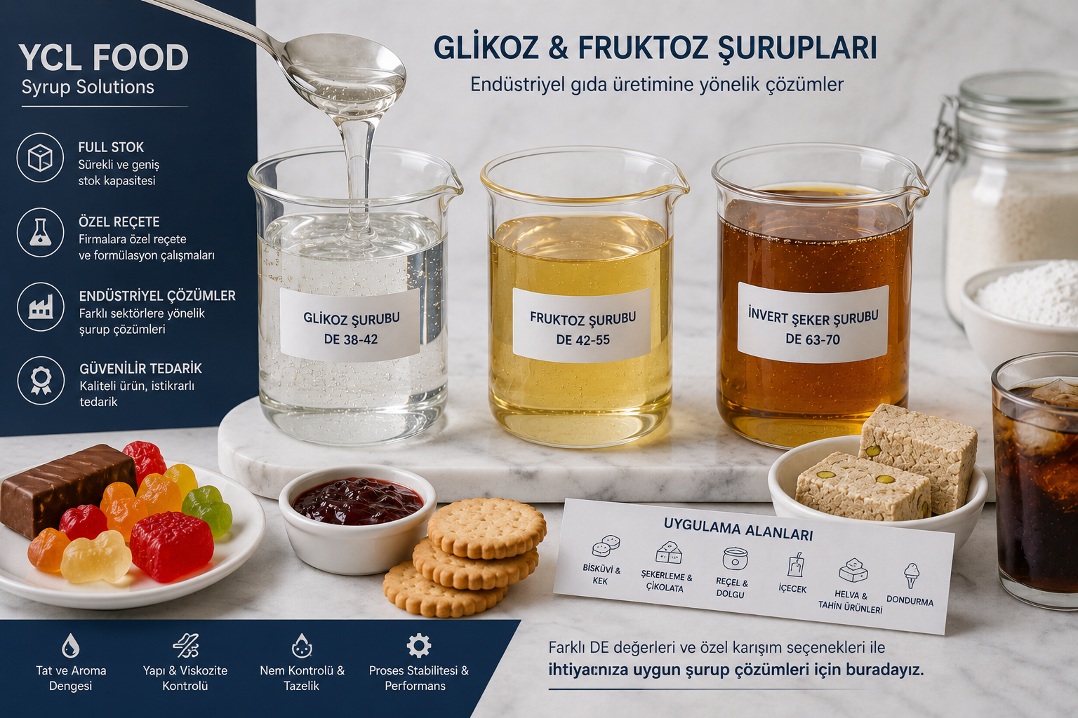 glikoz şurubu, fruktoz şurubu ve invert şeker şurubu çözümleri